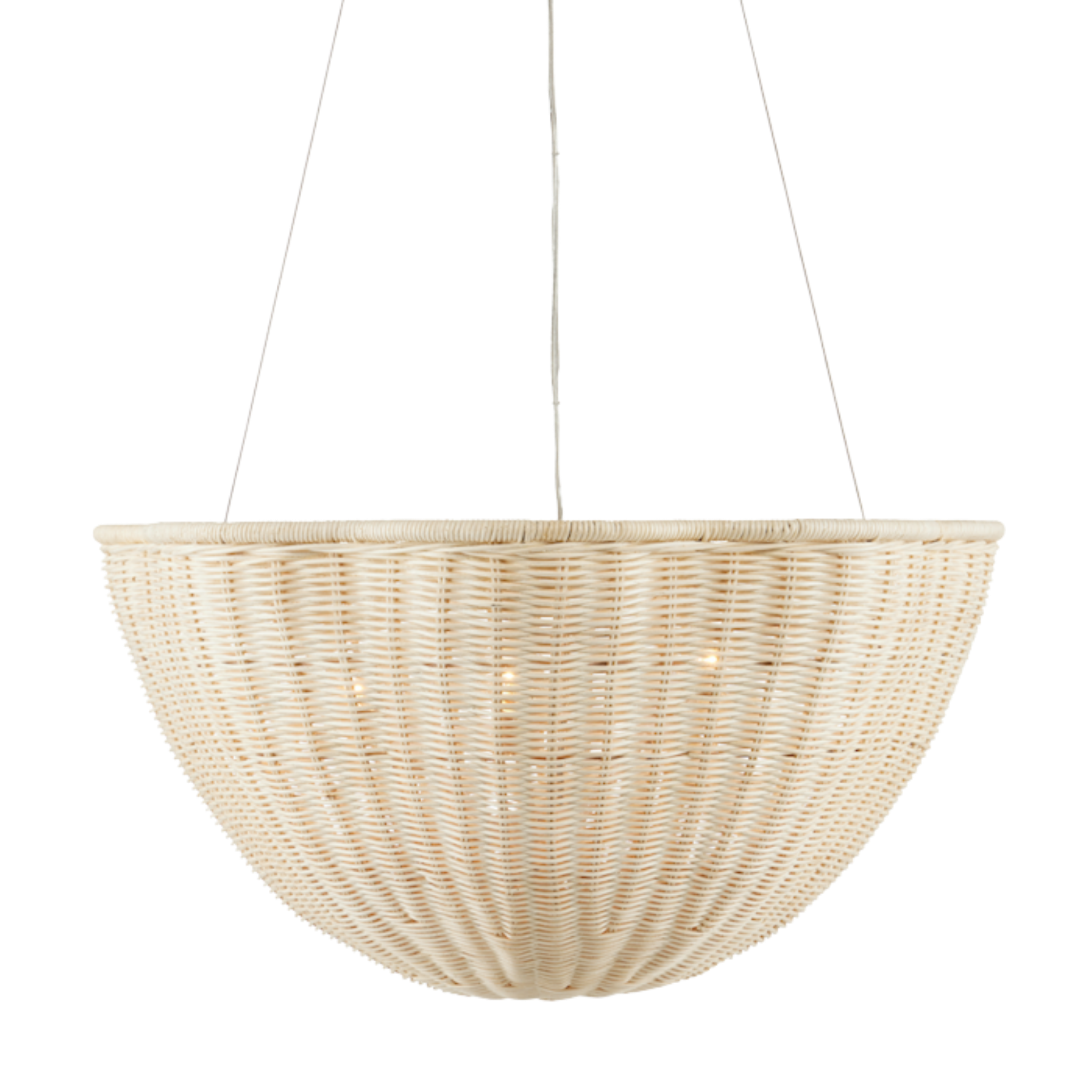 A beige scalloped wicker pendant light